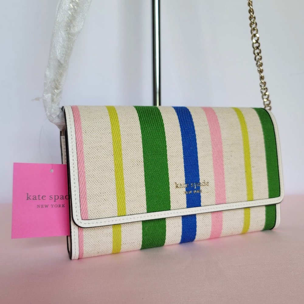 KATE SPADE Bradley Striped Canvas & Leather Large Wallet on Chain Crossbody ⭐ - Picture 2 of 16